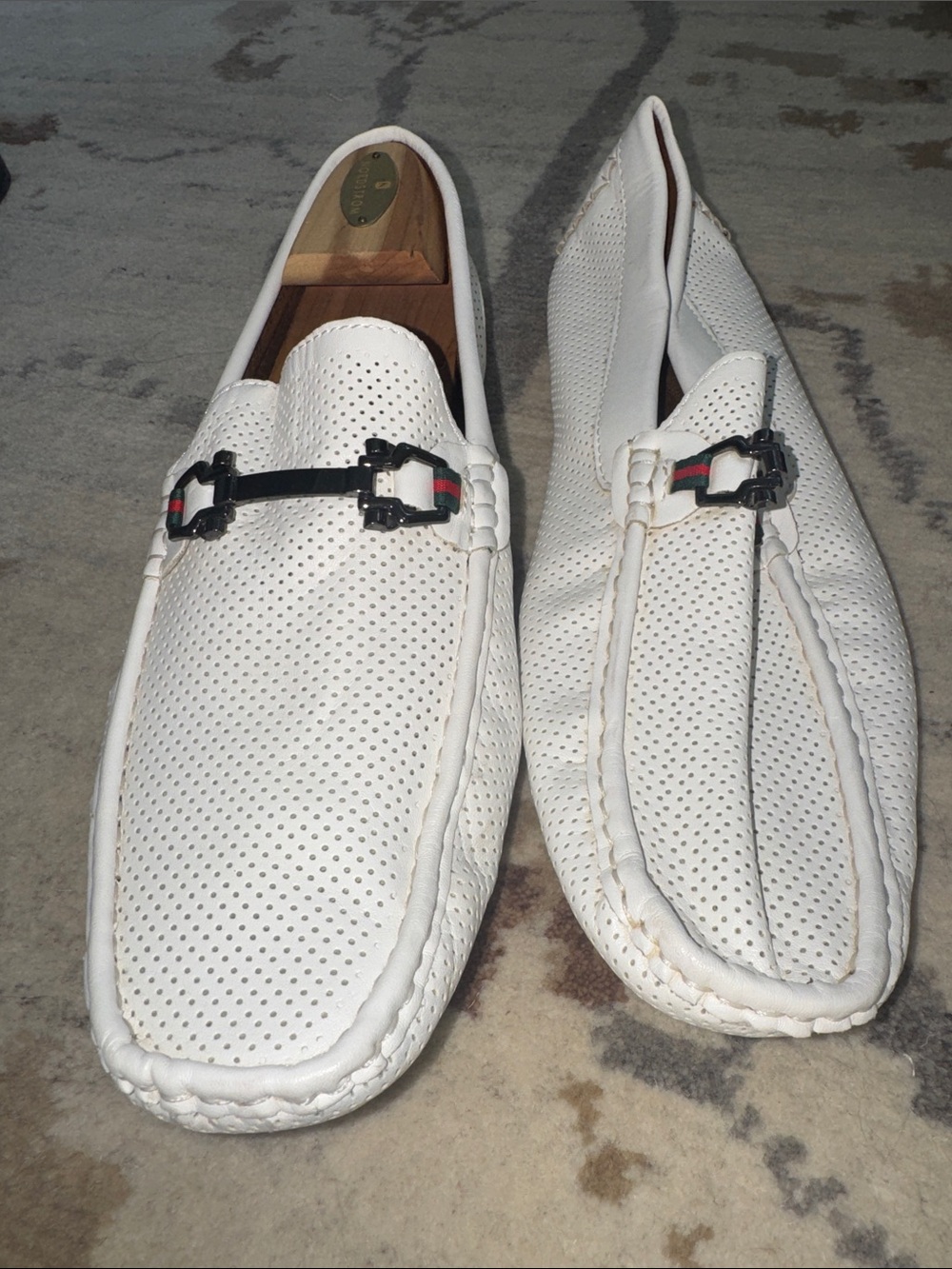 Men's White Perforated Leather Slip-On Loafers with Decorative Bit